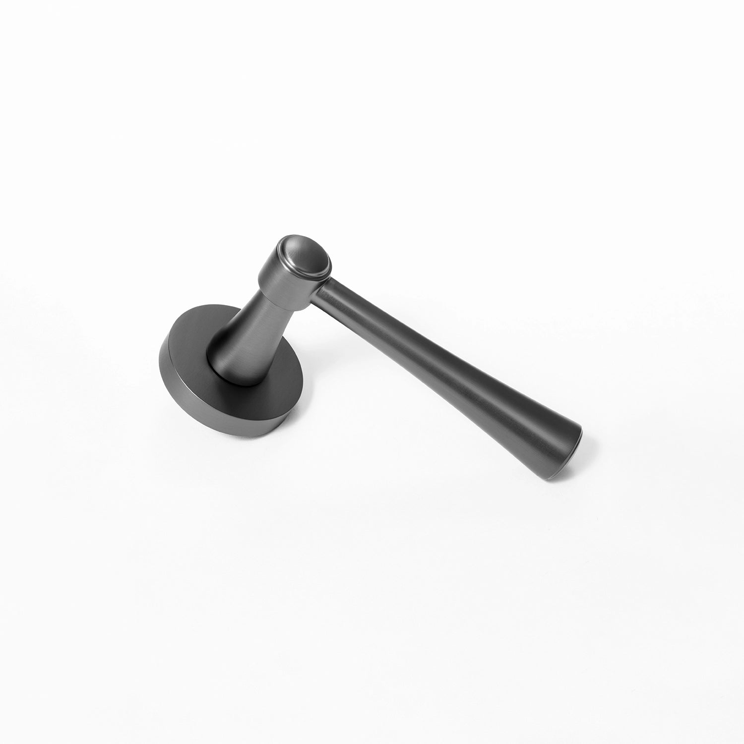 Hilda door handle in charcoal grey finish, positioned vertically standing on its base, showcasing streamlined cone design.