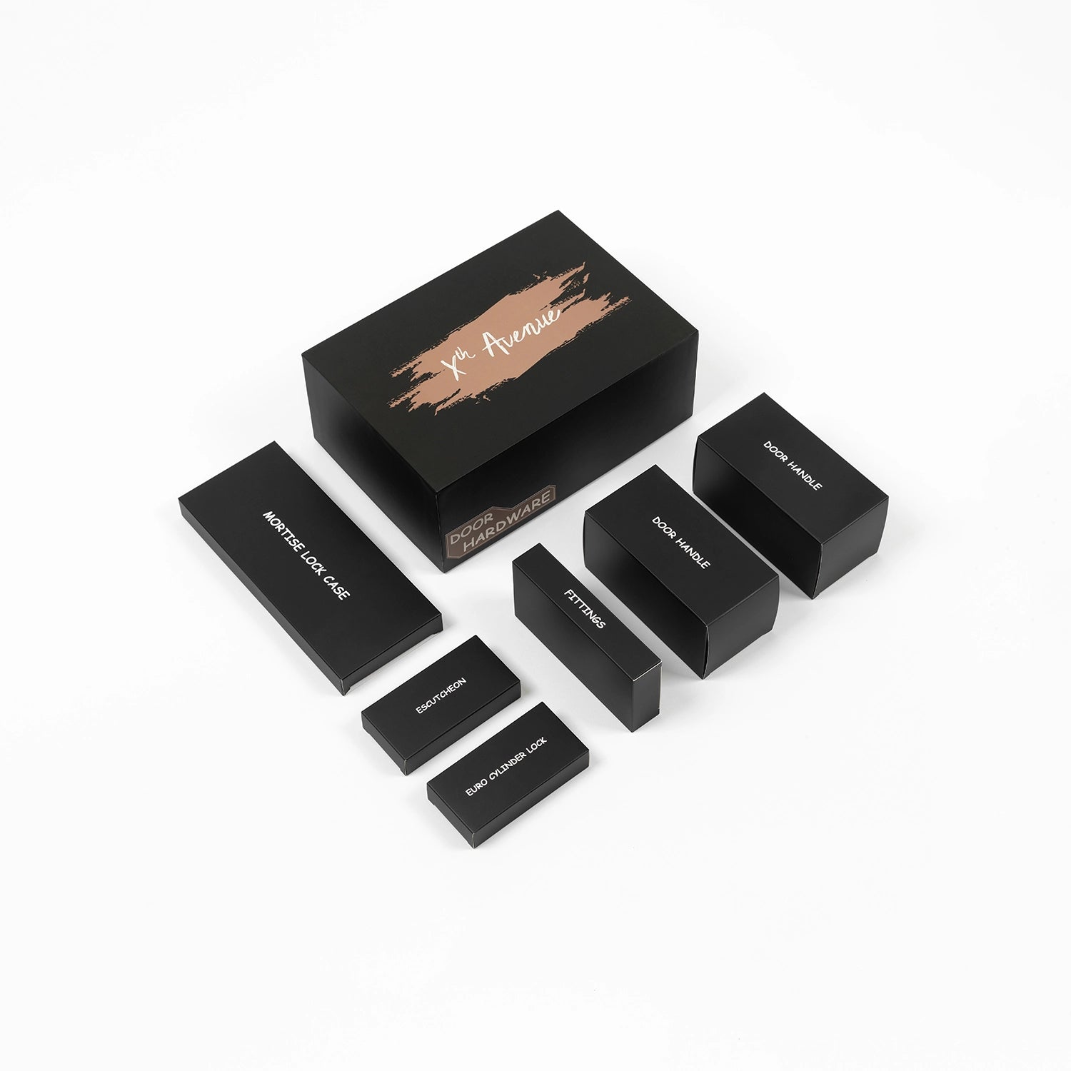 Mortise lock set packaging showing external box and individual internal boxes labeled for door handles, fittings, euro cylinder lock, escutcheon, and mortise lock case.